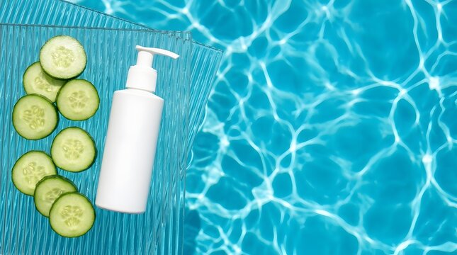 White cosmetic pump bottle and fresh cucumber slices on a ribbed glass plate over bright blue pool water with light caustics and reflections, top view flat lay composition.