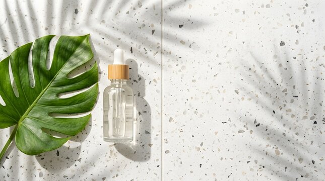 Transparent glass serum dropper bottle with bamboo lid on white terrazzo stone background with green monstera deliciosa leaf and tropical palm tree leaf shadows and copy space.