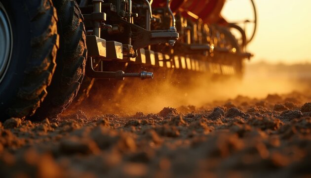 Large farm tractor ploughs field at sunset. Heavy machinery tills dry soil for planting crops. Industrial agriculture vehicle works on brown land in autumn evening light. Dusty farm ground