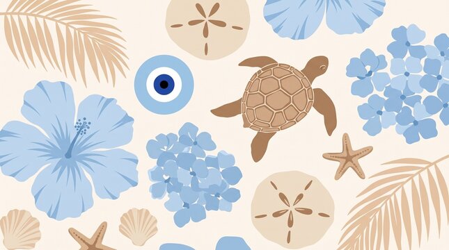 Summer Seamless Pattern Background with Sea Turtle Starfish Blue Hibiscus Flowers and Evil Eye