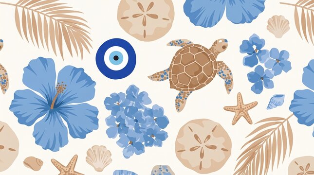 Summer Seamless Pattern Background with Sea Turtle Starfish Blue Hibiscus Flowers and Evil Eye