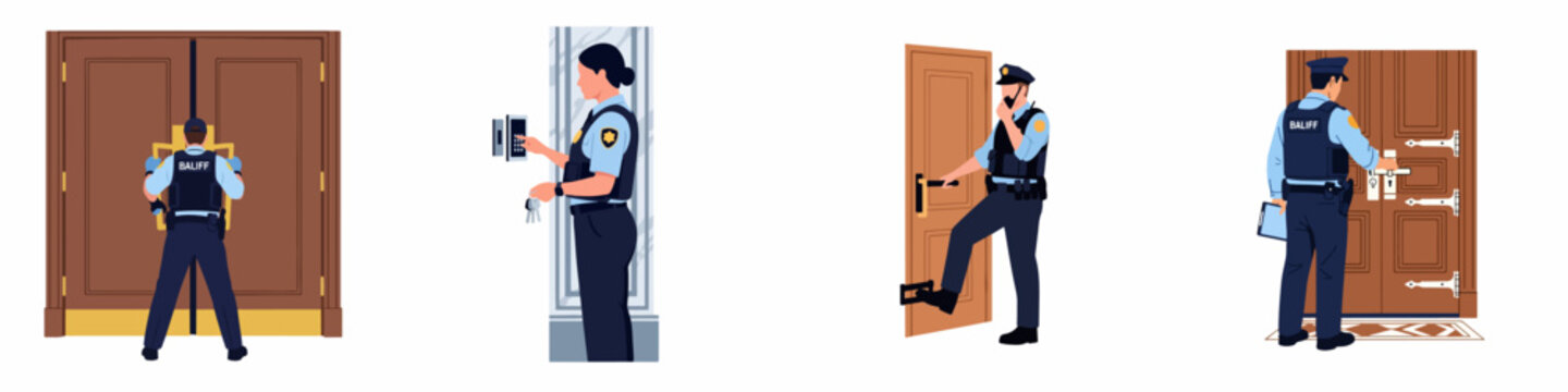 Flat vector illustration set of bailiff officers performing various duties including debt collection, property seizure, and eviction at different types of doors.