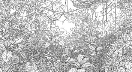 Obraz premium Detailed vintage engraving of dense tropical jungle foliage.