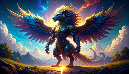 Mythical Griffin with Vibrant Wings Outdoors. © NI9