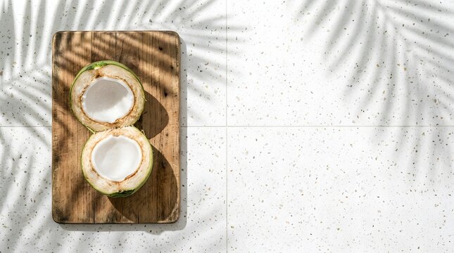 Top down view of two halves of a fresh young green coconut on a rustic wooden cutting board placed on a white terrazzo tile surface with tropical palm leaf shadows and copy space.