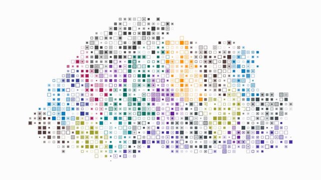 Bhutan map animation. Shape of the country with pulsating colored dots. Small size square blocks. Digital style Bhutan map on white background. Abstract video.