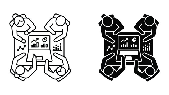 Business team meeting around laptop with data analytics charts icon set