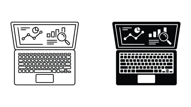 Laptop computer with data analytics dashboard screen icon set, computer
