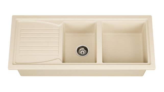 Beige double bowl kitchen sink with drainboard