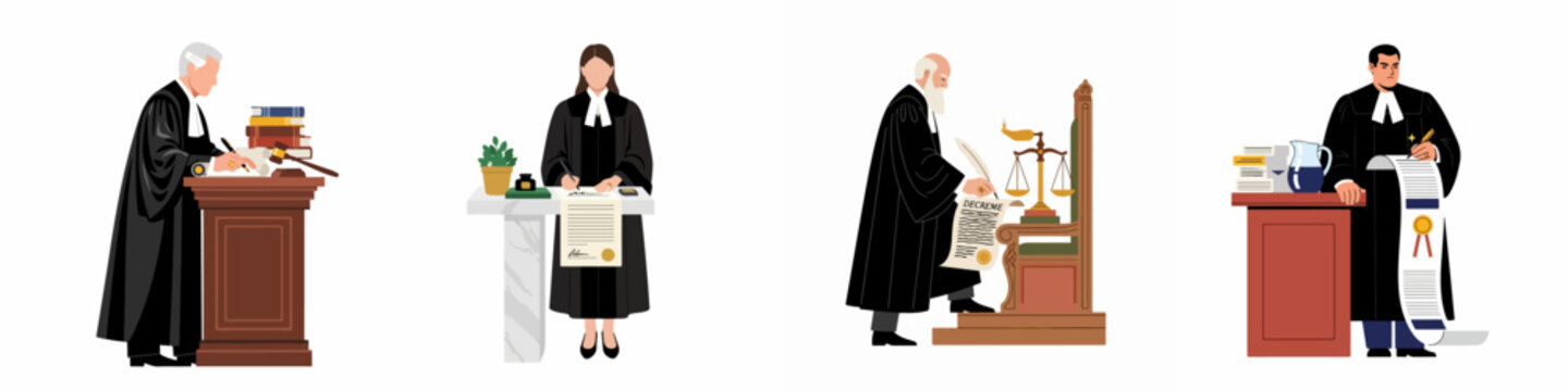 Illustration set of judges in traditional black robes with gavels, scales, and scrolls representing law, justice, and legal authority in a courtroom setting.