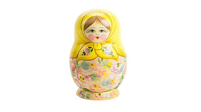 Hand-painted Matryoshka doll with floral pattern and yellow headscarf