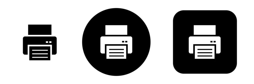 Printer icon set with print document symbol in outline and solid button styles. Print control icons for document printing, paper output and printer settings