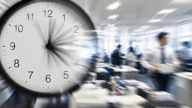 Double exposure of a wall clock and blurred business people rushing in a busy office, representing time management, deadlines, and workplace productivity.