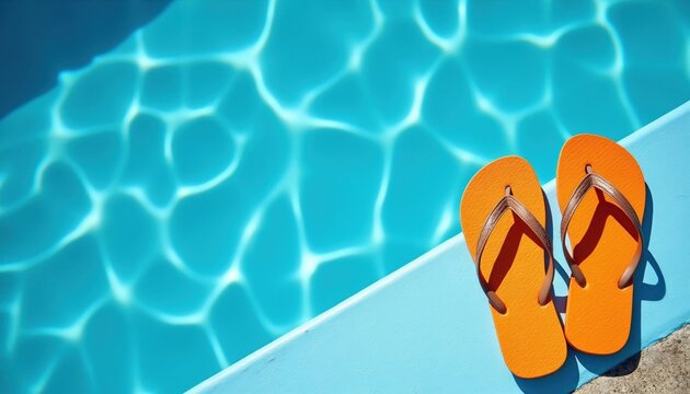 Orange flip-flops rest on bright blue poolside ledge beside shimmering clear water. Sunny day leisure, relaxation, vacation vibes await. Enjoy summer fun.
