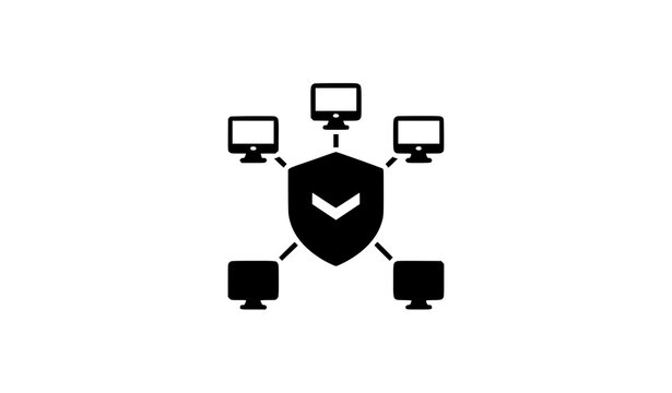 Network security icon shield protecting multiple connected devices