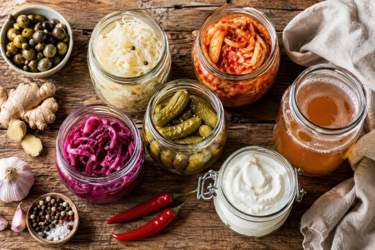 Fermented foods in glass jars overhead flat lay for gut health nutrition