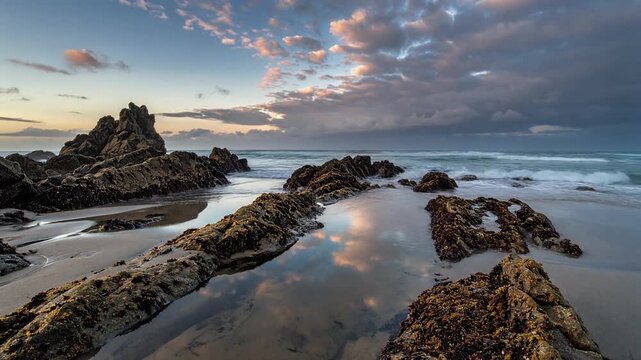 Beach loop shimmering tide pools reflecting sky gentle waves lapping across sandy beach