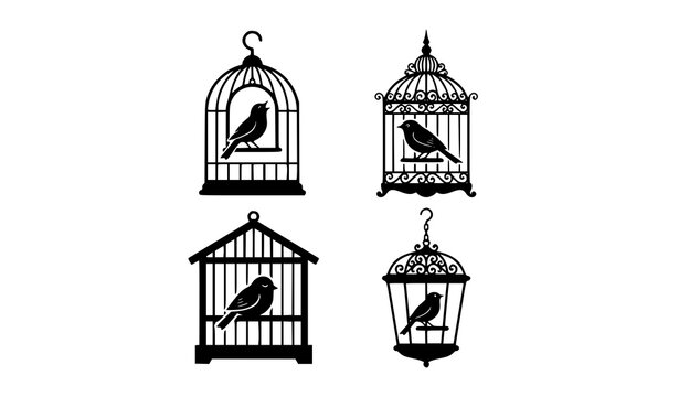 Vintage birdcage collection black silhouettes of birds in decorative cages