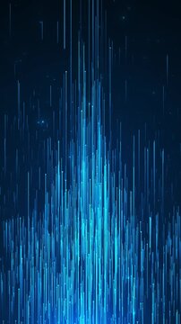 Cyan digital rain background bars, sparkling dots, and a bright central data tower in dark blue space. technology , music visualizers, server intros, analytics screens, code themes, dynamic overlays.