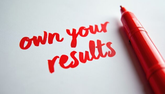 Red marker pen writes text own your results on white paper. Concept of accountability and personal achievement. Simple call to action message.