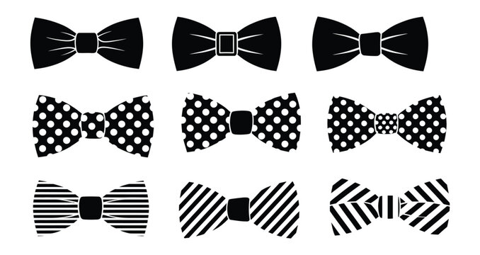 Bow tie icons featuring elegant black and white formal fashion symbols with patterned neckwear designs in clean minimalist vector graphics for weddings, business attire, clothing brands, and accessori