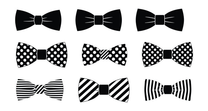 Bow tie icons illustrating elegant black and white patterned neckwear symbols with clean minimalist vector graphics for formal wear, wedding invitations, clothing labels, fashion design, and luxury br