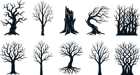 Dead Bare Winter Tree Black Silhouette Vector Set with Gnarled Branches Roots Stump and Spooky Halloween Forest Elements