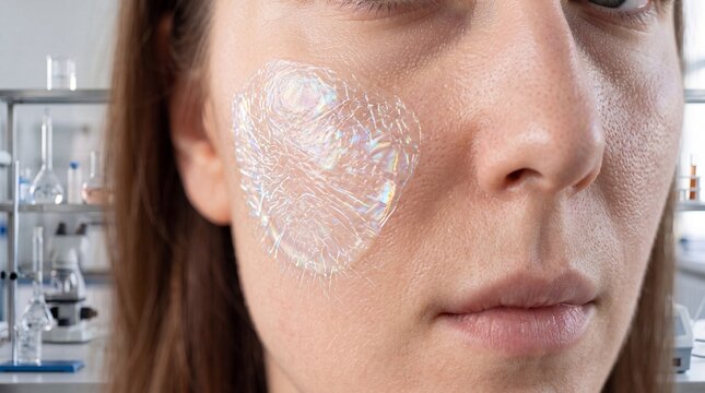Close up female face cheek skin with transparent moisturizing cream, smooth texture, healthy complexion, laboratory background, skincare concept