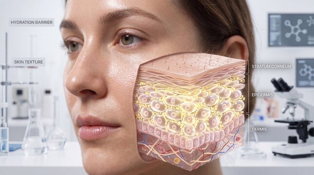 Facial skin closeup with detailed cross section showing hydration barrier, skin texture, stratum corneum, epidermis, and dermis in laboratory setting
