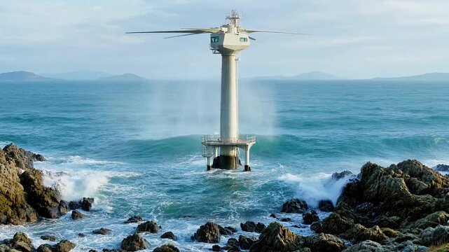Offshore wind turbine structure standing amidst crashing ocean waves in this dynamic environmental energy