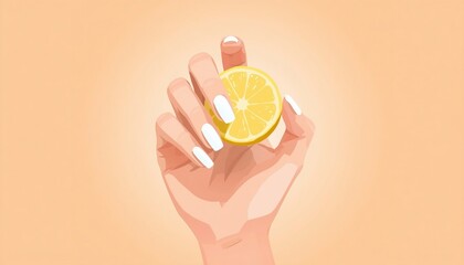 Obraz premium Vector art of a hand with elegant white nail polish holding a fresh yellow lemon slice, perfect for beauty, skincare, and citrus vitamin C concept