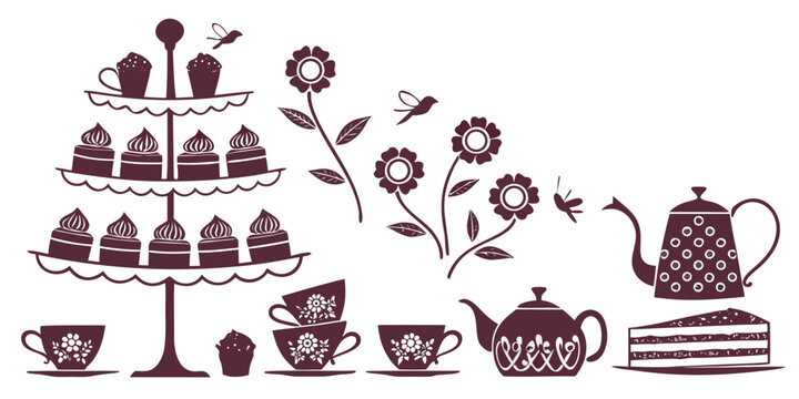 Set of 100 vintage tea party silhouettes on white background, black and white teapot