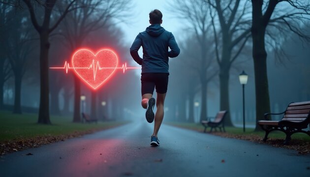 Man runs on foggy park path with glowing heart monitor graphic. Person trains for endurance, aiming for health. Active lifestyle pursuit, focused determination, vital energy, and fitness goals.