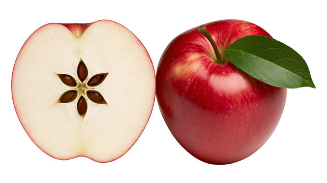Red apple cut in half showing seeds and whole apple with leaf