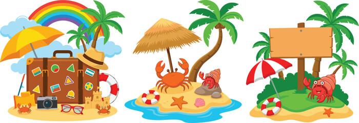 Cute Tropical Beach Vacation Vector Illustration Set with Suitcase Rainbow Crab and Wooden Signboard Graphic Designs © Lipon
