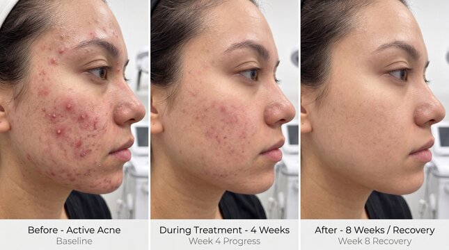 Young woman face acne treatment progress, before and after, close up skin improvement, dermatology exam, medical skincare, recovery, clinic background