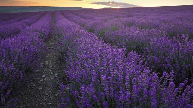 Scenic panning shot of beautiful blooming lavender field landscape with purple flowers swaying in the wind at sunset. Cinematic countryside nature footage under a warm evening sky.