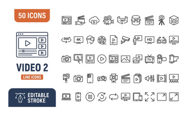 Fototapeta premium Comprehensive Collection of Linear Multimedia Icons for Digital Video Editing Projects and Streaming Interface Design