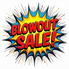 Naklejka premium Bright cartoon comic book style explosion graphic for retail marketing. Text states Blowout Sale in bold red letters against vibrant yellow blue burst background. Design creates excitement for store