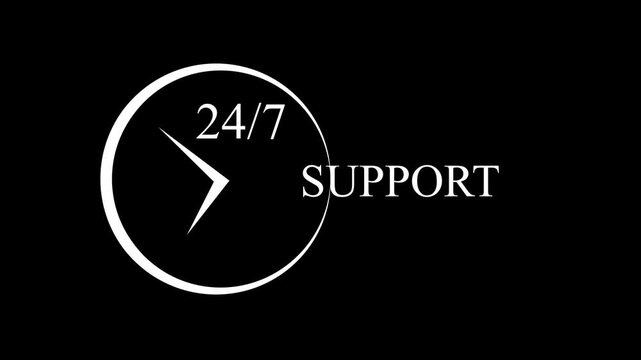 24/7 Support Icon Animation on Black Background. Customer Service, Help Desk, Technical Assistance and Around-the-Clock Support Symbol Motion Graphics. 4K Video.24/7 Support Symbol Animation. 4K,..