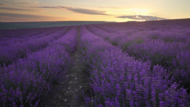 Scenic panning shot of beautiful blooming lavender field landscape with purple flowers swaying in the wind at sunset. Cinematic countryside nature footage under a warm evening sky.