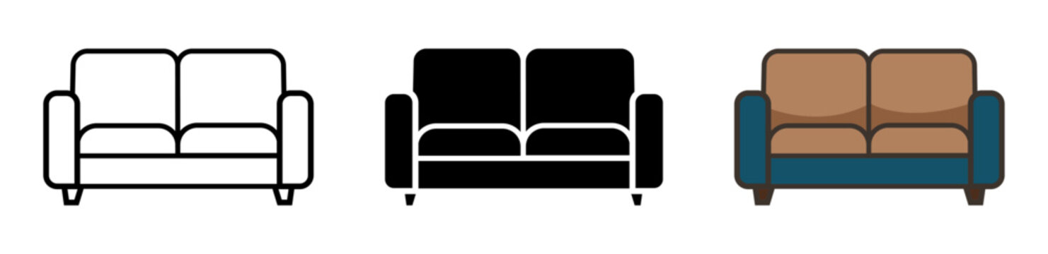 two seater sofa loveseat icon set line silhouette and color vector for living room furniture