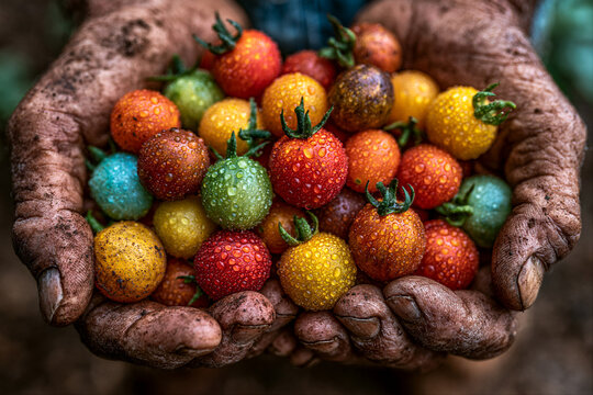 The farmer's calloused hands hold a full handful of freshly picked multi-colored cherry tomatoes covered with drops of dew. Organic farming, natural gardening. Close-up shot for poster, advertising 