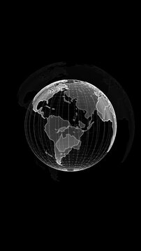 Monochrome digital earth background wire frame globe, continent outlines, futuristic space. global data videos, world news, communication intros, satellite themes, business screens, motion overlays.