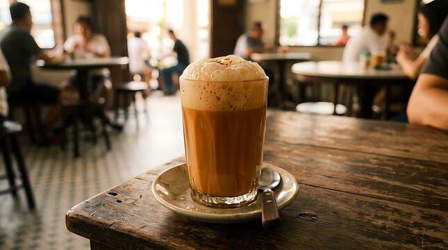 Warm latte served on wooden table with cozy cafe ambiance.