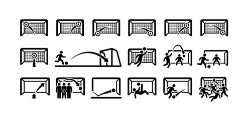 Football goal angles icon set, 16 black silhouette shooting symbols, corner shot, header, free kick, flat vector icons, white background © Ashiyana