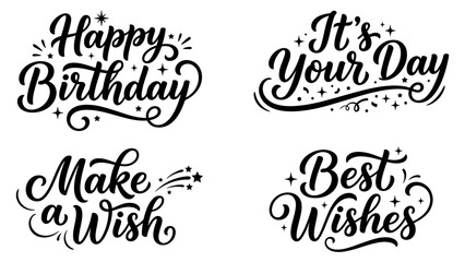 Four handlettered birthday greetings with sparkling stars on a white background for cards invitations and celebratory designs © KaziSharmina