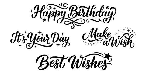 Elegant handlettered happy birthday calligraphy with sparkling stars on a white background for festive greetings and celebratory designs © KaziSharmina