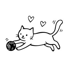 Cat playing with a ball of yarn doodles on transparent background