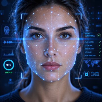 Facial recognition AI scanning a face with glowing data points